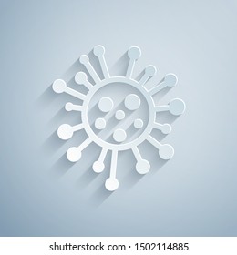 Paper cut Bacteria icon isolated on grey background. Bacteria and germs, microorganism disease causing, cell cancer, microbe, virus, fungi. Paper art style. Vector Illustration