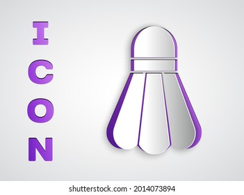 Paper cut Badminton shuttlecock icon isolated on grey background. Sport equipment. Paper art style. Vector Illustration