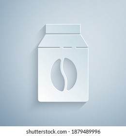Paper cut Bag of coffee beans icon isolated on grey background. Paper art style. Vector.