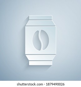 Cortado de papel Bolsa del icono de los granos de café aislado en el fondo gris. Estilo de arte de papel. Vector.
