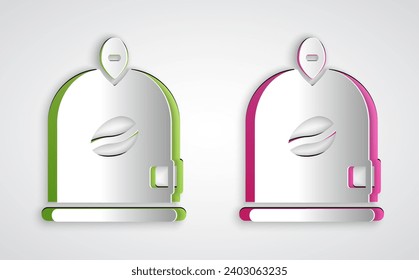 Paper cut Bag of coffee beans icon isolated on grey background. Paper art style. Vector