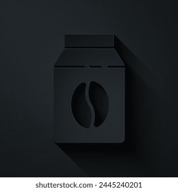 Icono de la bolsa de granos de café aislado sobre fondo negro. Estilo de arte de papel. Vector