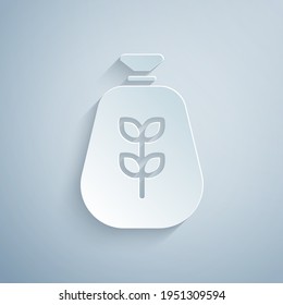 Paper cut Bag of flour icon isolated on grey background. Paper art style. Vector