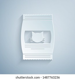 Paper cut Bag of food for cat icon isolated on grey background. Food for animals. Pet food package. Paper art style. Vector Illustration