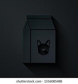 Paper cut Bag of food for dog icon isolated on black background. Food for animals. Pet food package. Paper art style. Vector Illustration