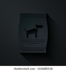 Paper cut Bag of food for dog icon isolated on black background. Food for animals. Pet food package. Paper art style. Vector Illustration