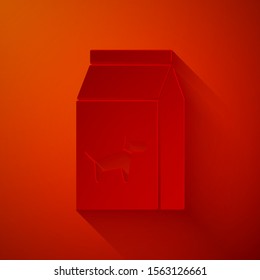 Paper cut Bag of food for dog icon isolated on red background. Food for animals. Pet food package. Paper art style. Vector Illustration