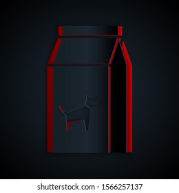 Paper cut Bag of food for dog icon isolated on black background. Food for animals. Pet food package. Paper art style. Vector Illustration