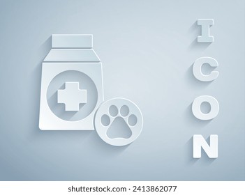 Paper cut Bag of food for dog icon isolated on grey background. Dog or cat paw print. Food for animals. Pet food package. Paper art style. Vector