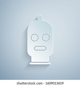 Paper cut Balaclava icon isolated on grey background. A piece of clothing for winter sports or a mask for a criminal or a thief. Paper art style. Vector Illustration