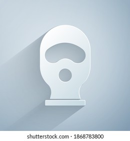 Paper cut Balaclava icon isolated on grey background. A piece of clothing for winter sports or a mask for a criminal or a thief. Paper art style. Vector