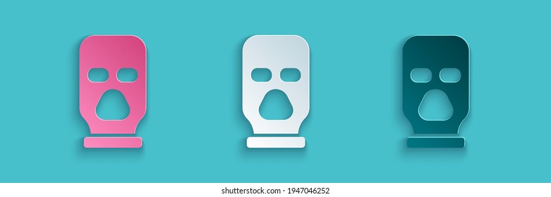 Paper cut Balaclava icon isolated on blue background. A piece of clothing for winter sports or a mask for a criminal or a thief. Paper art style. Vector