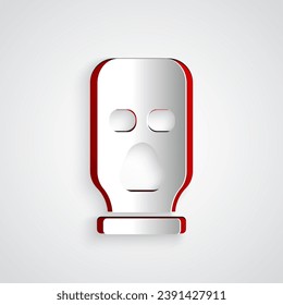 Paper cut Balaclava icon isolated on grey background. A piece of clothing for winter sports or a mask for a criminal or a thief. Paper art style. Vector