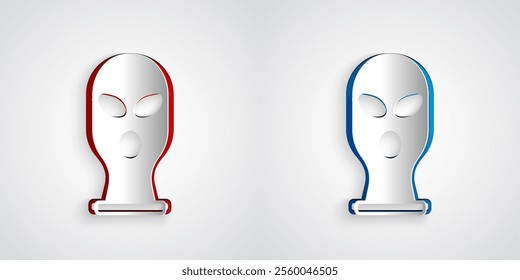 Paper cut Balaclava icon isolated on grey background. A piece of clothing for winter sports or a mask for a criminal or a thief. Paper art style. Vector