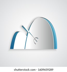 Paper cut Bale of hay and rake icon isolated on grey background. Paper art style. Vector Illustration