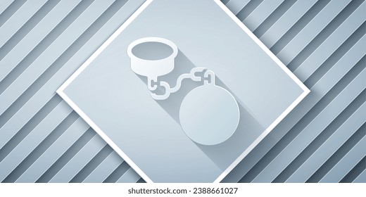 Paper cut Ball on chain icon isolated on grey background. Paper art style. Vector