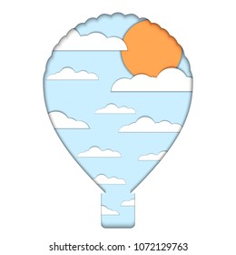 Paper cut. A balloon cut from paper. Background from the sky, clouds and sun cut from colored paper.