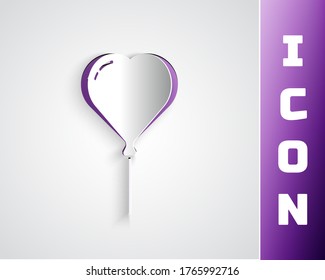 Paper cut Balloon in form of heart with ribbon icon isolated on grey background. Valentines day. Paper art style. Vector