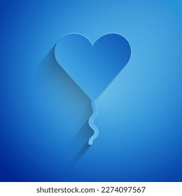 Paper cut Balloon in form of heart with ribbon icon isolated on blue background. Valentines day. Paper art style. Vector