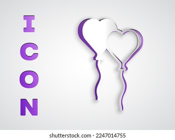 Paper cut Balloons in form of heart with ribbon icon isolated on grey background. Valentines day. Paper art style. Vector
