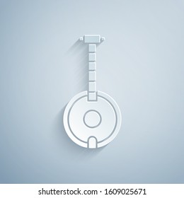 Paper cut Banjo icon isolated on grey background. Musical instrument. Paper art style. Vector Illustration