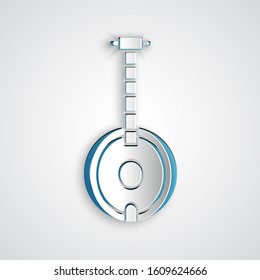 Paper cut Banjo icon isolated on grey background. Musical instrument. Paper art style. Vector Illustration