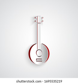 Paper cut Banjo icon isolated on grey background. Musical instrument. Paper art style. Vector Illustration