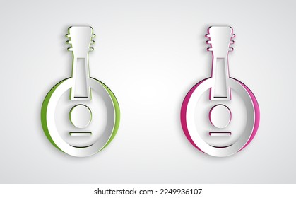 Paper cut Banjo icon isolated on grey background. Musical instrument. Paper art style. Vector