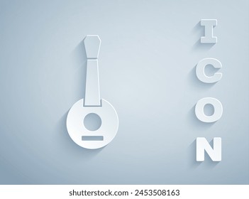 Paper cut Banjo icon isolated on grey background. Musical instrument. Paper art style. Vector