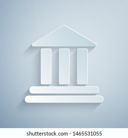 Paper cut Bank building icon isolated on grey background. Paper art style. Vector Illustration