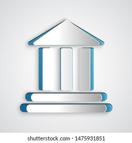 Paper cut Bank building icon isolated on grey background. Paper art style. Vector Illustration