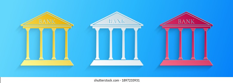 Paper cut Bank building icon isolated on blue background. Paper art style. Vector.