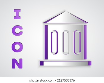 Paper cut Bank building icon isolated on grey background. Paper art style. Vector