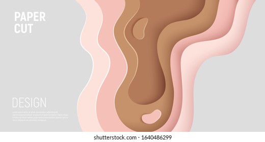 Paper cut banner with 3D slime abstract background and pink, brown, grey waves layers. Abstract layout design for brochure and flyer. Paper art vector illustration