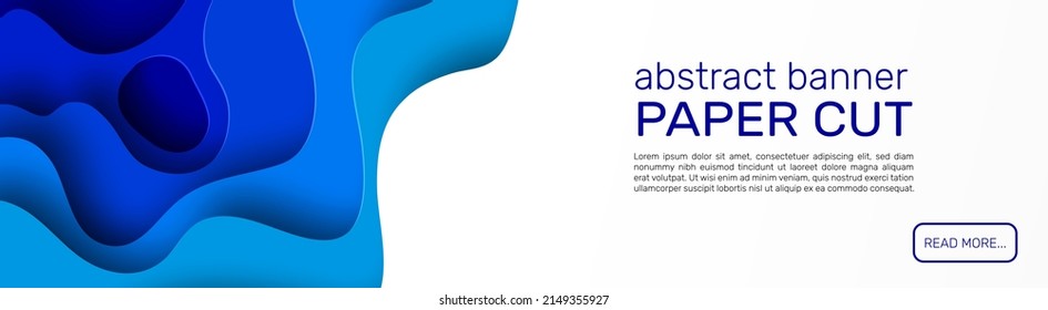 Paper cut banner. Blue abstract paper shapes, curved layers with shadows, wave forms. Horizontal web page with copy space template, minimal style papercut background, vector illustration