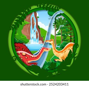 Banner de corte de papel com dinossauros pré-históricos de desenhos animados e lagartos jurássicos, fundo vetorial. Bandeira pré-histórica do parque Jurássico com dinossauros e animais dino para crianças paleontologia capa do livro