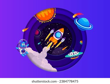 Paper cut banner, cartoon space rocket launch, UFO and alien between planets, vector background. Galaxy universe in cartoon paper cut with spaceship in starry sky and asteroids in cut out layers