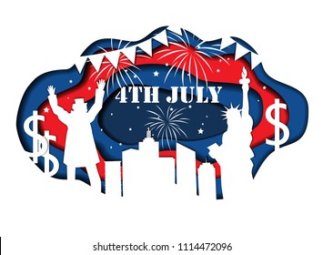 Paper cut banner for Independence Day July 4 USA with Statue of Liberty, Uncle Sam, lights, stars, and city silhouette. Vector illustration