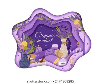 Paper cut banner with lavender cosmetics for skincare products, vector background. Lavender aroma SPA cosmetics with Provence flowers soap and cream, aromatherapy candles and oil essence in paper cut