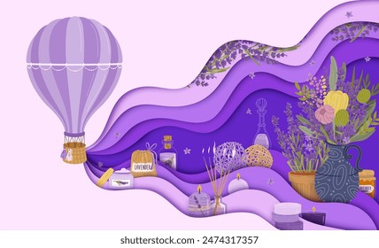 Paper cut banner with lavender cosmetics for skincare and aroma SPA, vector background. Lavender cosmetics on papercut banner with Provence flowers soap and cream, aromatherapy candles and oil essence