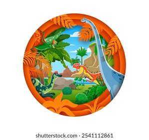 Paper cut banner with prehistoric flying and carnivore dinosaurs characters in vector 3d layered round frame. Cartoon funny titanosauria, tapejara, monolophosaurus and hypacrosaurus dinosaurs