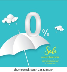 Paper cut banner sale 0% with umbrella and cloud vector backgrounds