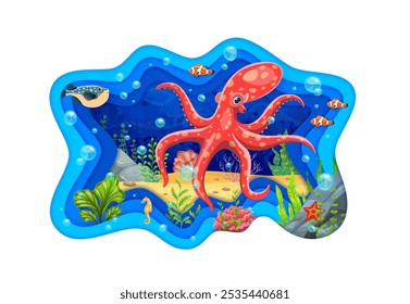 Paper cut banner with sea octopus, fish shoal and underwater landscape, colorful starfish, seahorse, coral and aquatic plants. 3d vector blue wavy, papercut border with the ocean and marine life