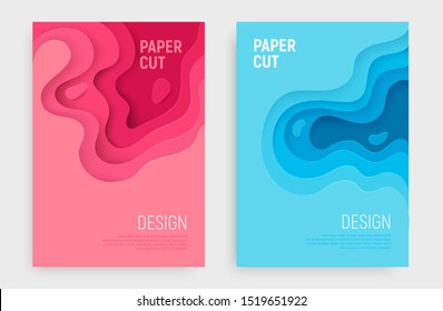Paper cut banner set with 3D slime abstract background and blue, pink waves layers. Abstract layout design for brochure and flyer. Paper art vector illustration
