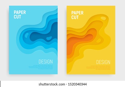 Paper cut banner set with 3D slime abstract background and blue, yellow waves layers. Abstract layout design for brochure and flyer. Paper art vector illustration