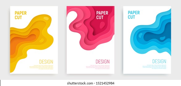 Paper cut banner set with 3D slime abstract background and blue, pink, yellow waves layers. Abstract layout design for brochure and flyer. Paper art vector illustration