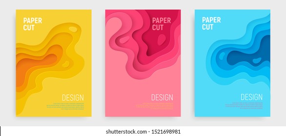 Paper cut banner set with 3D slime abstract background and blue, pink, yellow waves layers. Abstract layout design for brochure and flyer. Paper art vector illustration