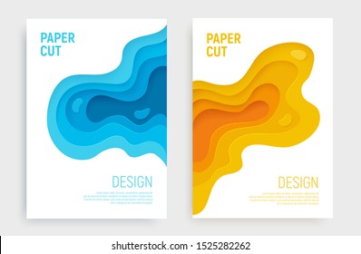 Paper cut banner set with 3D slime abstract background and blue, yellow waves layers. Abstract layout design for brochure and flyer. Paper art vector illustration