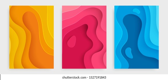 Paper cut banner set with 3D slime abstract background and blue, pink, yellow waves layers. Abstract layout design for brochure and flyer. Paper art vector illustration