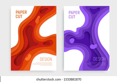Paper cut banner set with 3D slime abstract background and orange, purple waves layers. Abstract layout design for brochure and flyer. Paper art vector illustration